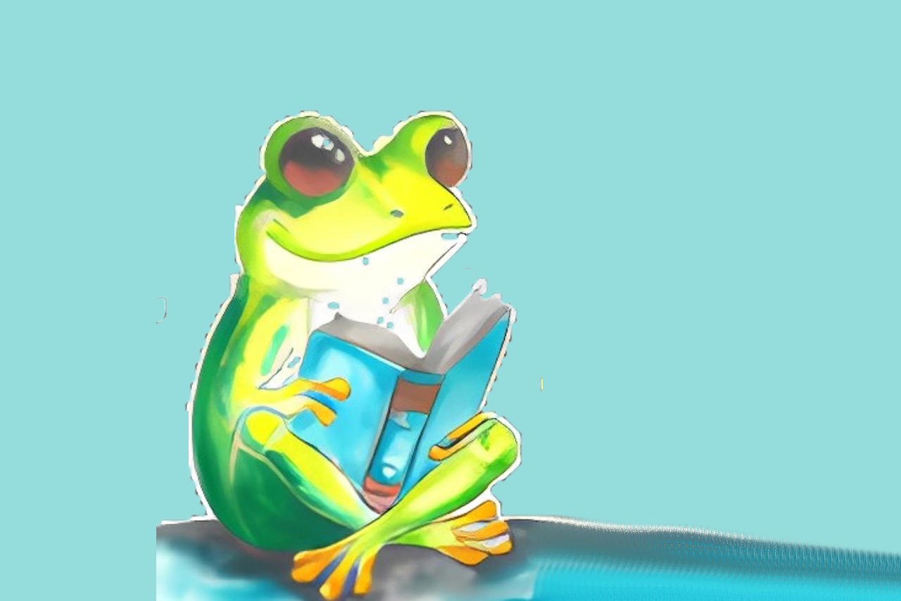 Cheerful frog sitting and reading a book