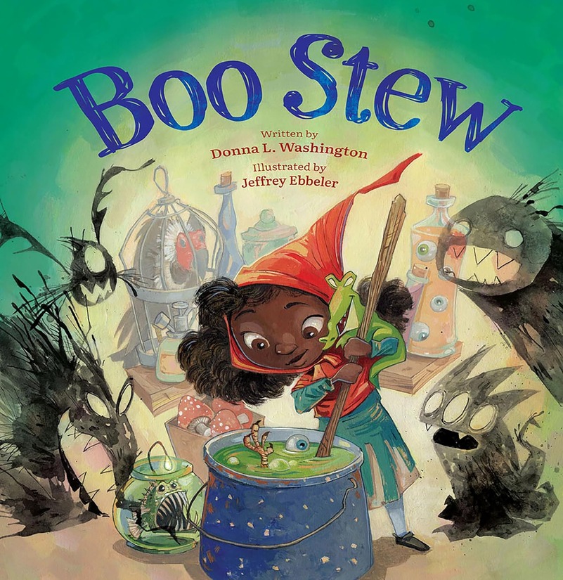 African American girl stirring a pot with some "scares" surrounding her