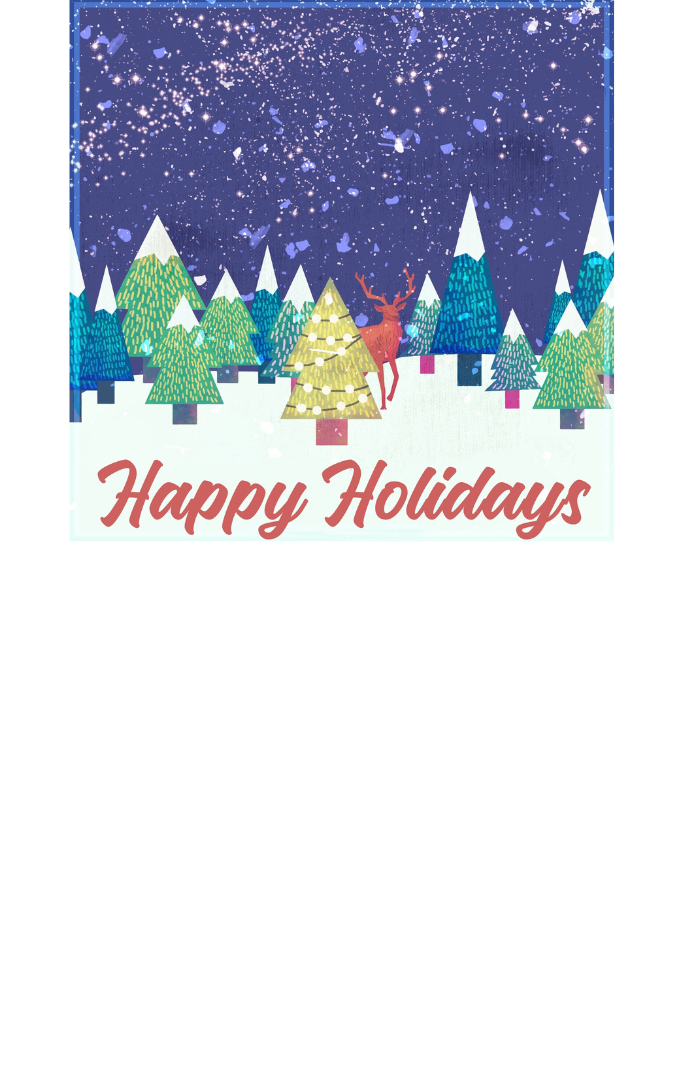 Pine trees on a snowy background with Happy Holidays written below