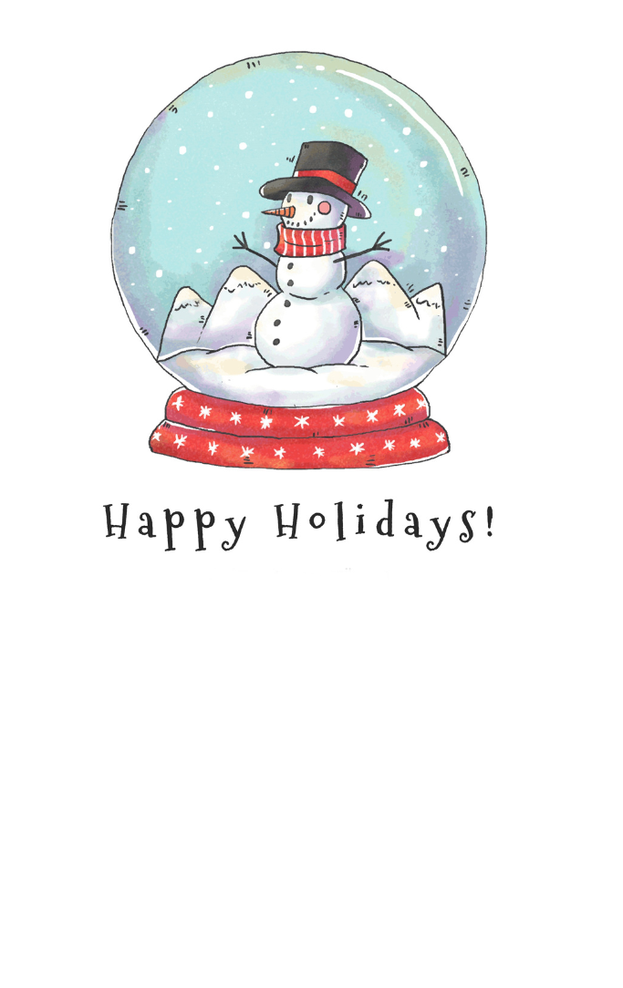 Snowman in a Christmas globe with the words Happy Holidays below