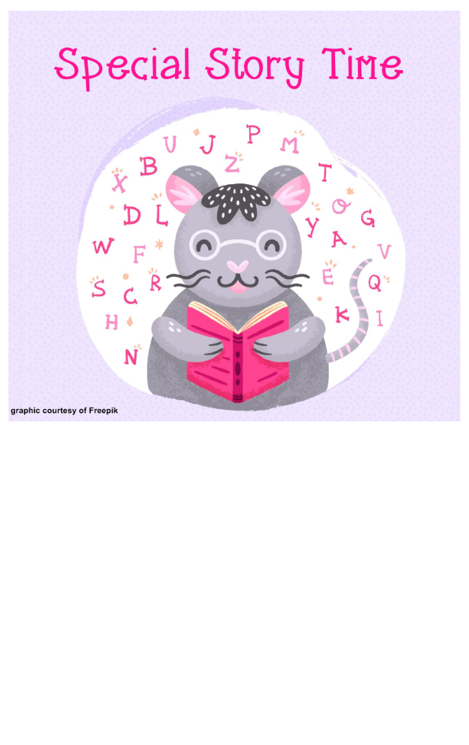 Mouse reading a book surrounded by hearts with Special Story Time written above