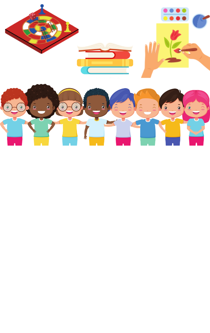 Row of children with a game, crafts, and books above their heads