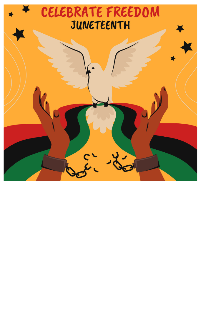 A set of hands with broken chains releasing a dove holding red, black, and green ribbons
