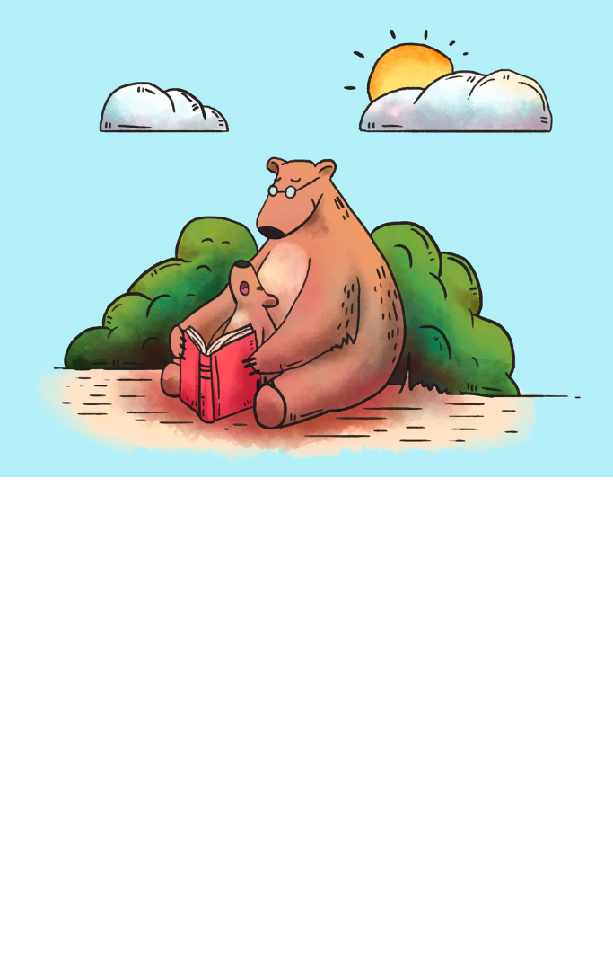 Bear and cub sitting outside reading