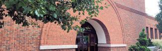 Closeup of the arch on the front of the library building